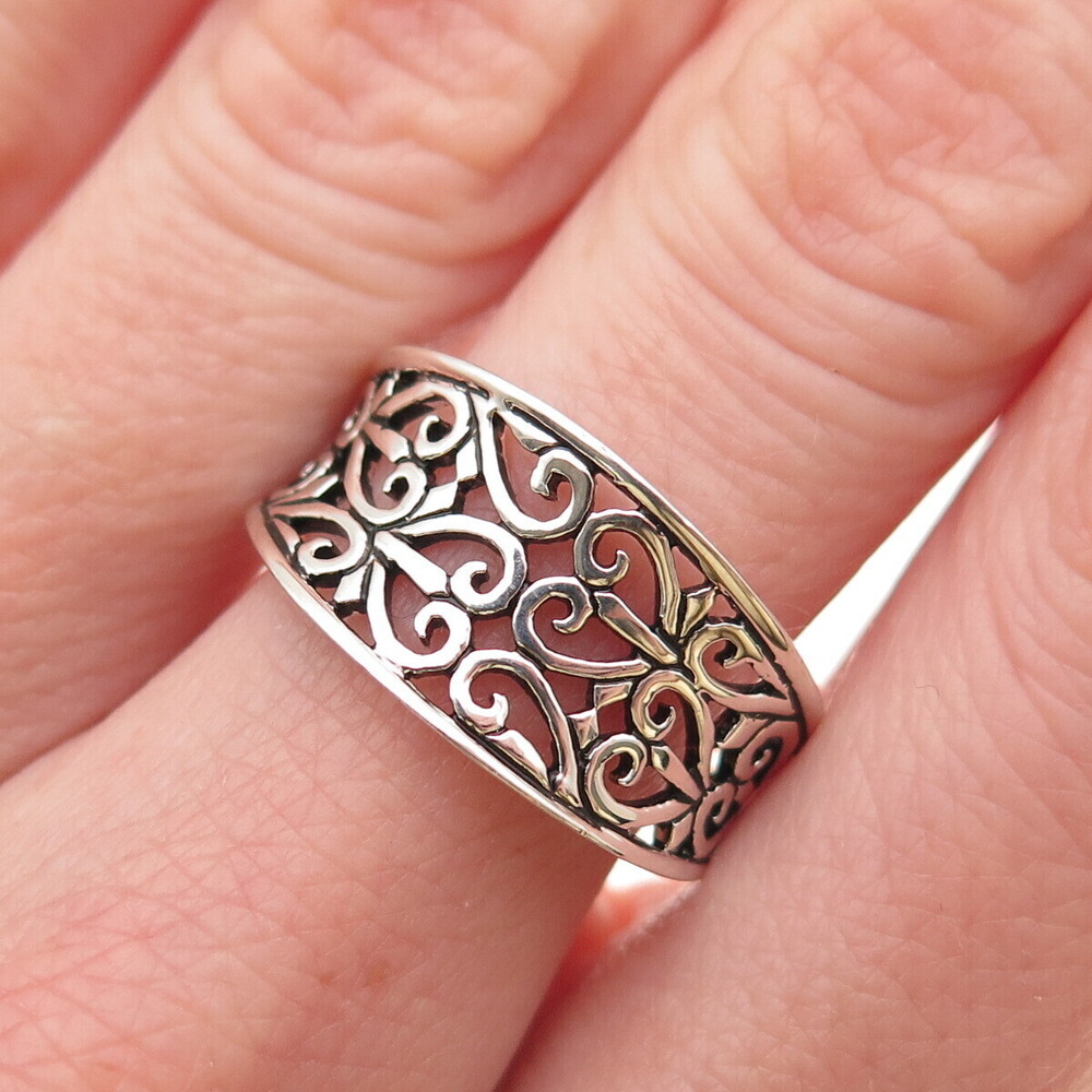 925 Sterling Silver Heart Ornate Oxidized Ring Size 8